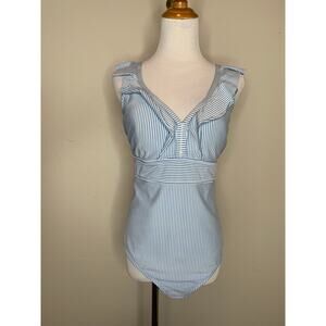 Blue White Seersucker 1 Piece Swimsuit Ruffle Strap Sz ? XL
